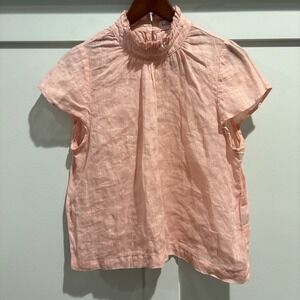 Revolve Bella Dahl Pink Linen Blend Ruffle Neck Short Sleeve Top Small USA Made